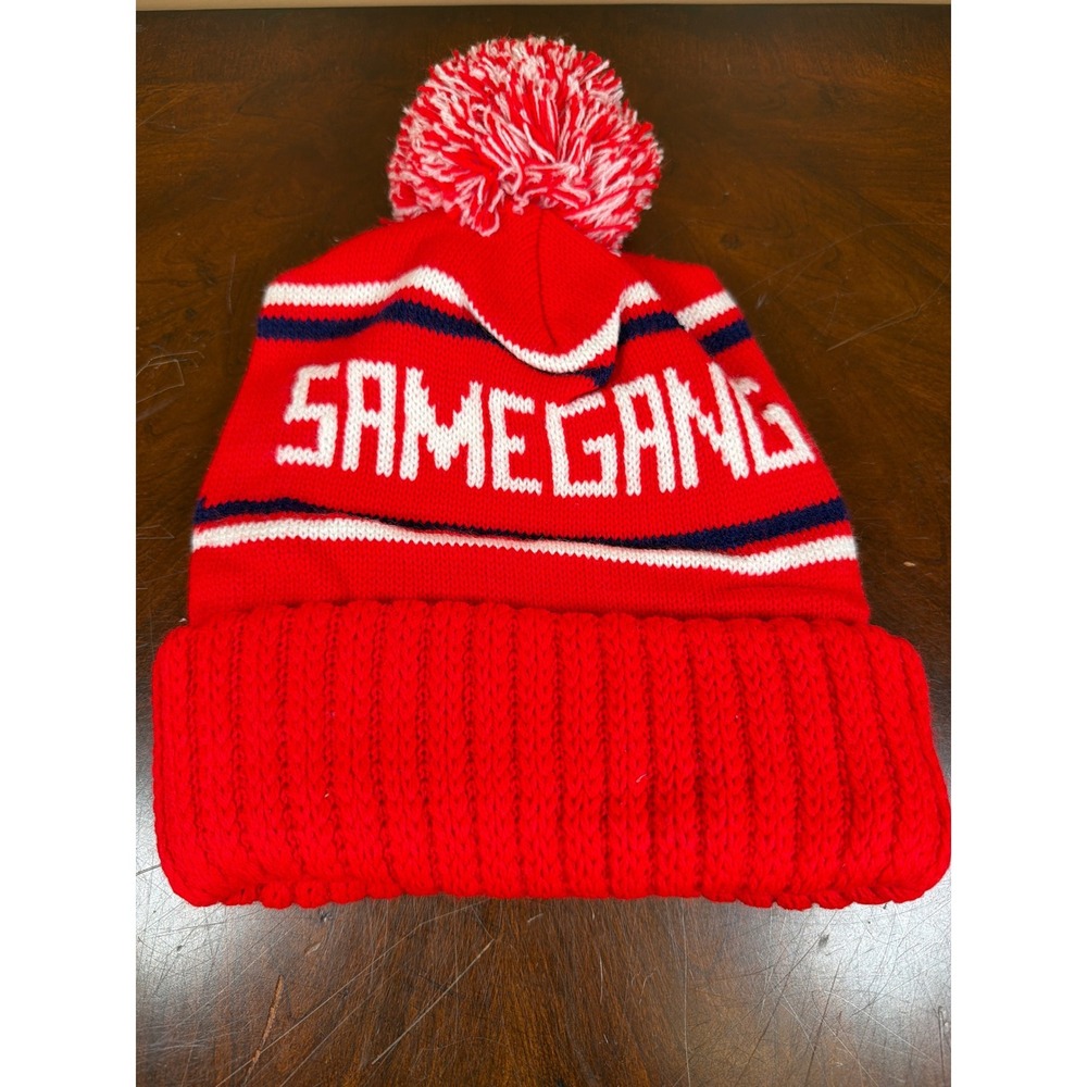 Samegang Red Knit Pom Pom Beanie Hat Striped Winter Cap Streetwear‎